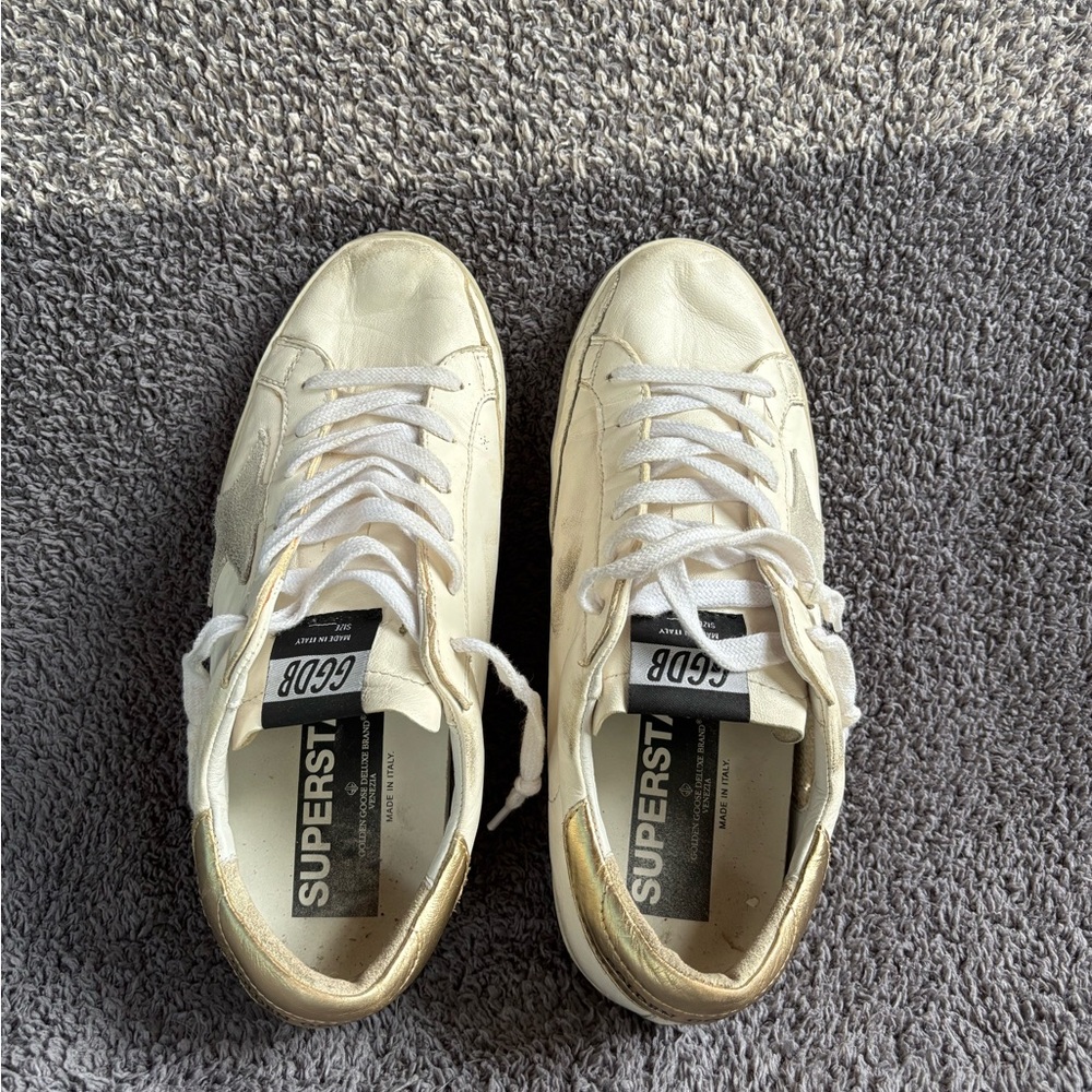 Golden Goose Superstar White and Gold Sneakers